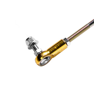 Close up of adjustable front sway bar links for BMW E90 E92 E82 (non-m), F30, F32, F22. Made in USA by AKG Motorsport. 