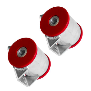 Set of red poly 75D rear subframe bushings with new housings for BMW E10 2002. Made in USA by AKG Motorsport. 