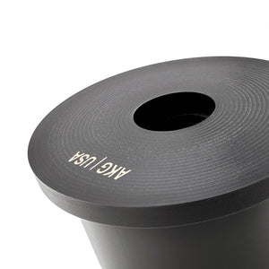 Close up of black polyurethane 95A front control arm bushings (fcab) for BMW E30, E36, Z3. Center style. Made in USA by AKG Motorsport.