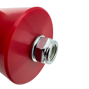 Close up of red polyurethane 75D motor mounts kit for BMW E30 (M20). Made in USA by AKG Motorsport. 