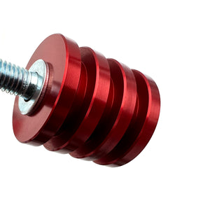 Close up of trans mounts kit for BMW E30 in red. Made in USA by AKG Motorsport.