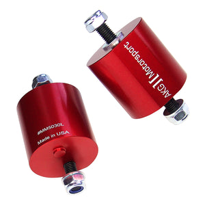 Set of red aluminum M50/S50 24V swap motor mounts for BMW E30. Made in USA by AKG Motorsport.