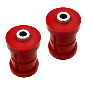 Set of red polyurethane 75D subframe bushings for BMW E30. Made in USA by AKG Motorsport.