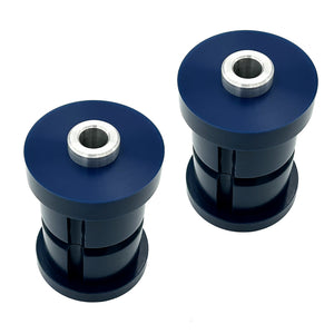 Set of blue polyurethane 85A subframe bushings for BMW E30. Made in USA by AKG Motorsport.