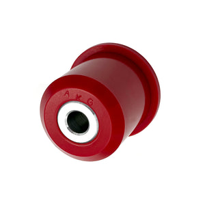 Close up of red polyurethane 75D diff bushings for BMW E36. Made in USA by AKG Motorsport.