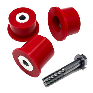 Set of red polyurethane 75D diff bushings with optional 14mm upgrade for BMW E36. Includes Bolt. Made in USA by AKG Motorsport.