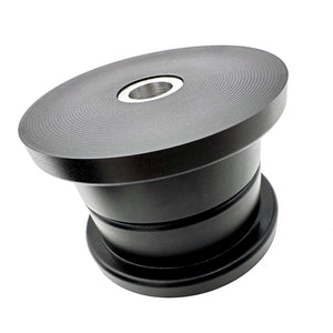 Detail of black polyurethane 95A rear trailing arm bushings (rtab) for BMW E36, E46, Z4. Made in USA by AKG Motorsport.