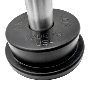 Close up of black polyurethane 95A rear trailing arm bushings (rtab) for BMW E36, E46, Z4. Made in USA by AKG Motorsport.