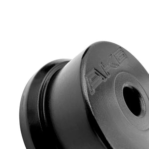 Close up of black polyurethane 95A subframe bushings for BMW E36. Made in USA by AKG Motorsport.