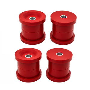 Set of red polyurethane 75D rear subframe bushings for BMW E39. Made in USA by AKG Motorsport.