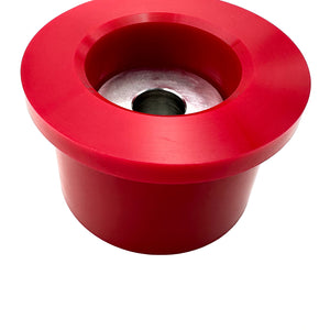 Close up of red polyurethane 75D diff bushings for BMW E46 M3, Z4M. Made in USA by AKG Motorsport.