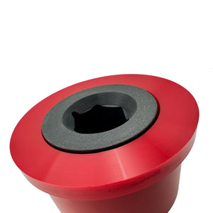 Close up of red polyurethane 75D front control arm bushings (fcab) for BMW E46, Z4 (Non-M). Made in USA by AKG Motorsport.