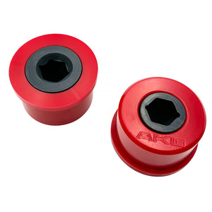 Set of red polyurethane 75D front control arm bushings (fcab) for BMW E46, Z4 (Non-M). Made in USA by AKG Motorsport.