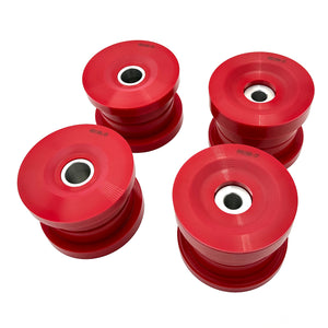 Set of red polyurethane 75D rear subframe bushings for BMW E46, Z4. Made in USA by AKG Motorsport.