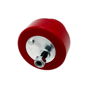 Close up of red polyurethane motor mounts for BMW E90 E92 M3. Made in USA by AKG Motorsport.