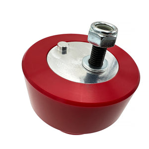 Close up of red polyurethane motor mounts for BMW E90 E92 M3. Made in USA by AKG Motorsport.