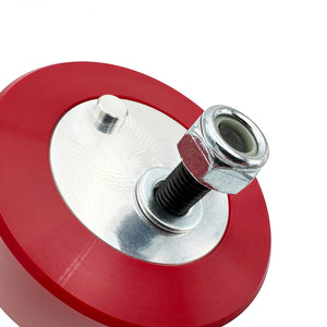 Close up of red polyurethane motor mounts for BMW E90 E92 M3. Made in USA by AKG Motorsport.