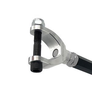 Close up of adjustable aluminum rear traction (trailing) arms for BMW F30 F32 F22. Made in USA by AKG Motorsport. 