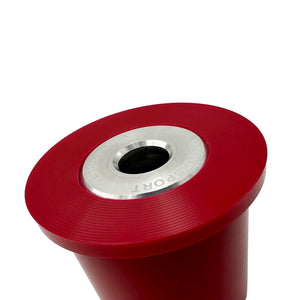 Close up of red polyurethane 75D diff bushings for BMW F30, F32, F22. Made in USA by AKG Motorsport.