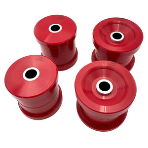 Set of red polyurethane 75D rear subframe bushings for BMW F30, F32, F22. Made in USA by AKG Motorsport.
