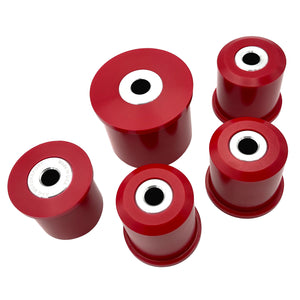 Set of red polyurethane 75D diff bushings for BMW F80 M3, F82 M4, F87 M2. Made in USA by AKG Motorsport.