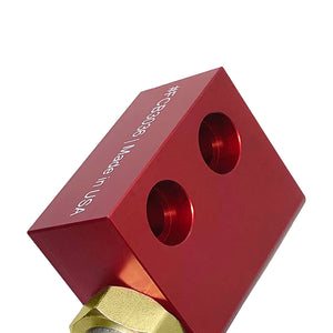 Close up of red adjustable front control arm mounts for BMW E30, E36, Z3. Made in USA by AKG Motorsport.