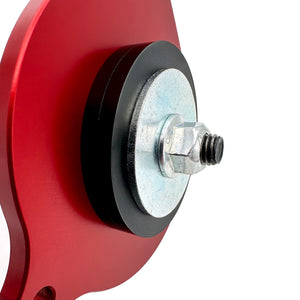Close up of red polyurethane motor mounts for BMW G80, G82, G87 (S58). Made in USA by AKG Motorsport.