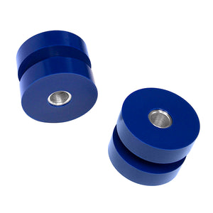 Set of blue polyurethane 85A rear upper shock mount bushings for BMW E90, E92, E82. Made in USA by AKG Motorsport.