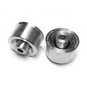 Set of aluminum spherical rear trailing arm bushings for BMW E36, E46, Z4. Made in USA by AKG Motorsport.